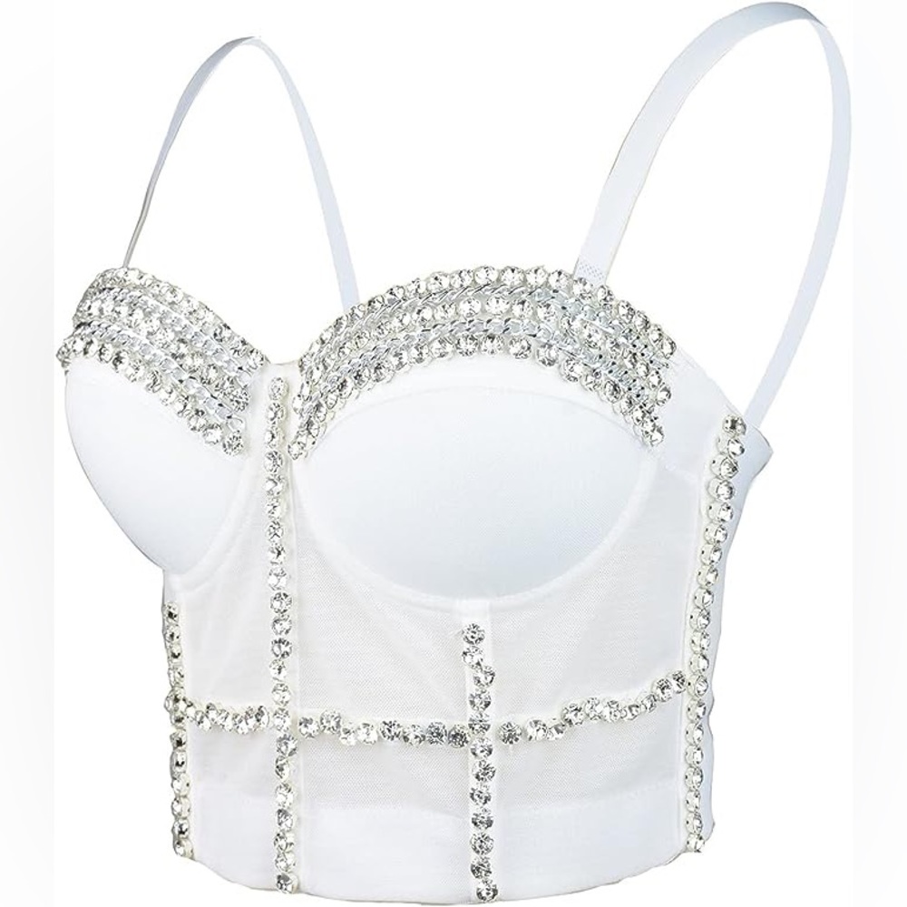 ELLACCI White Diamond Chain Mesh Bustier Corset with Detachable Strap - size L